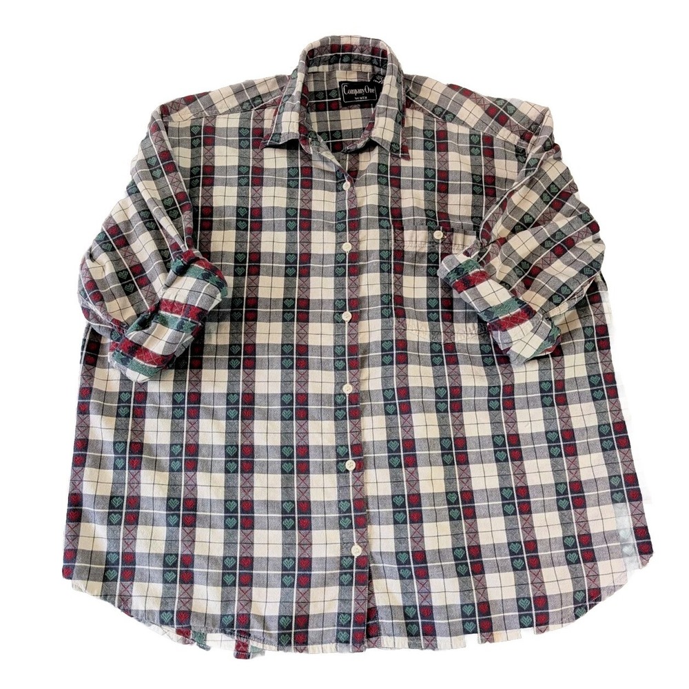 Button Up Embroidered Cotton Top Women's 2X Plaid Roll Tab Sleeve Company One